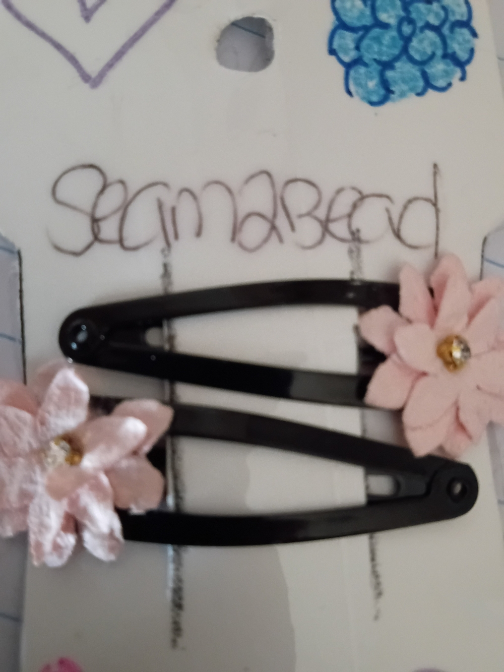 Black Snap Hair Clips with Pink Flower Accents